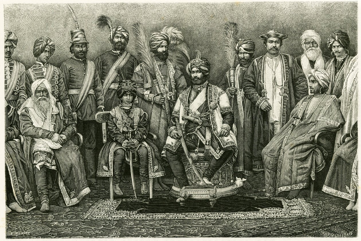 A kasmíri maharadzsa, Rambhir Sing és udvara. E. Ronjat metszete Marie de Ujfalvy-Bourdon (Ujfalvy Bourdon) „Egy párizsi nő portréja a Nyugat-Himalájában” című történetének illusztrálására 1881-ben. Megjelent a Tour du monde 2. félévben alkotó: Etienne Antoine Eugene Ronjat