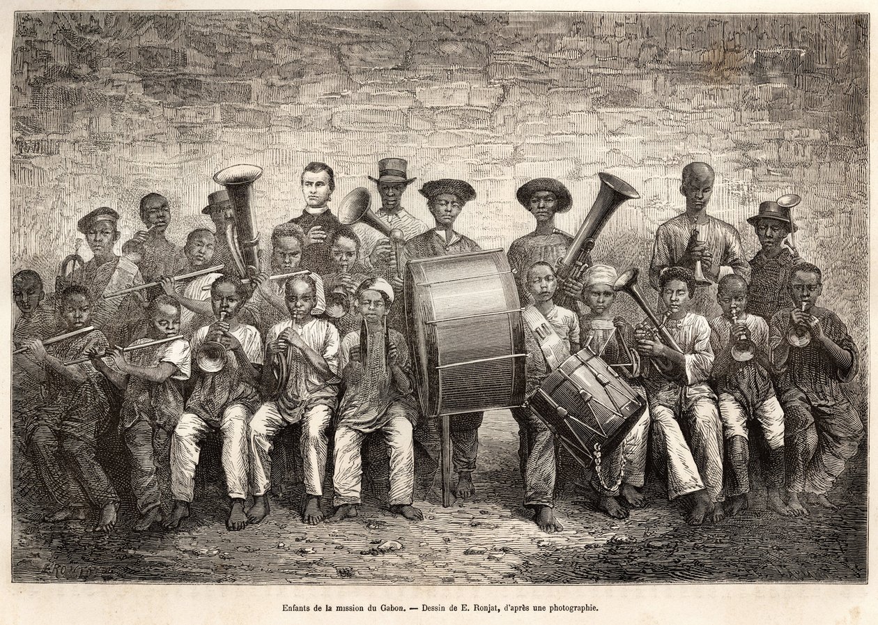 A gaboni misszió gyermekeinek bandája. Metszet E.Ronjat rajza után, az afrikai tengerparti körutazás illusztrálására, Fleuriot de Langle admirális 1868-ban, megjelent a „Le tour du monde” 1876-ban, szerkesztette Edouard Charton, Hachet alkotó: Etienne Antoine Eugene Ronjat