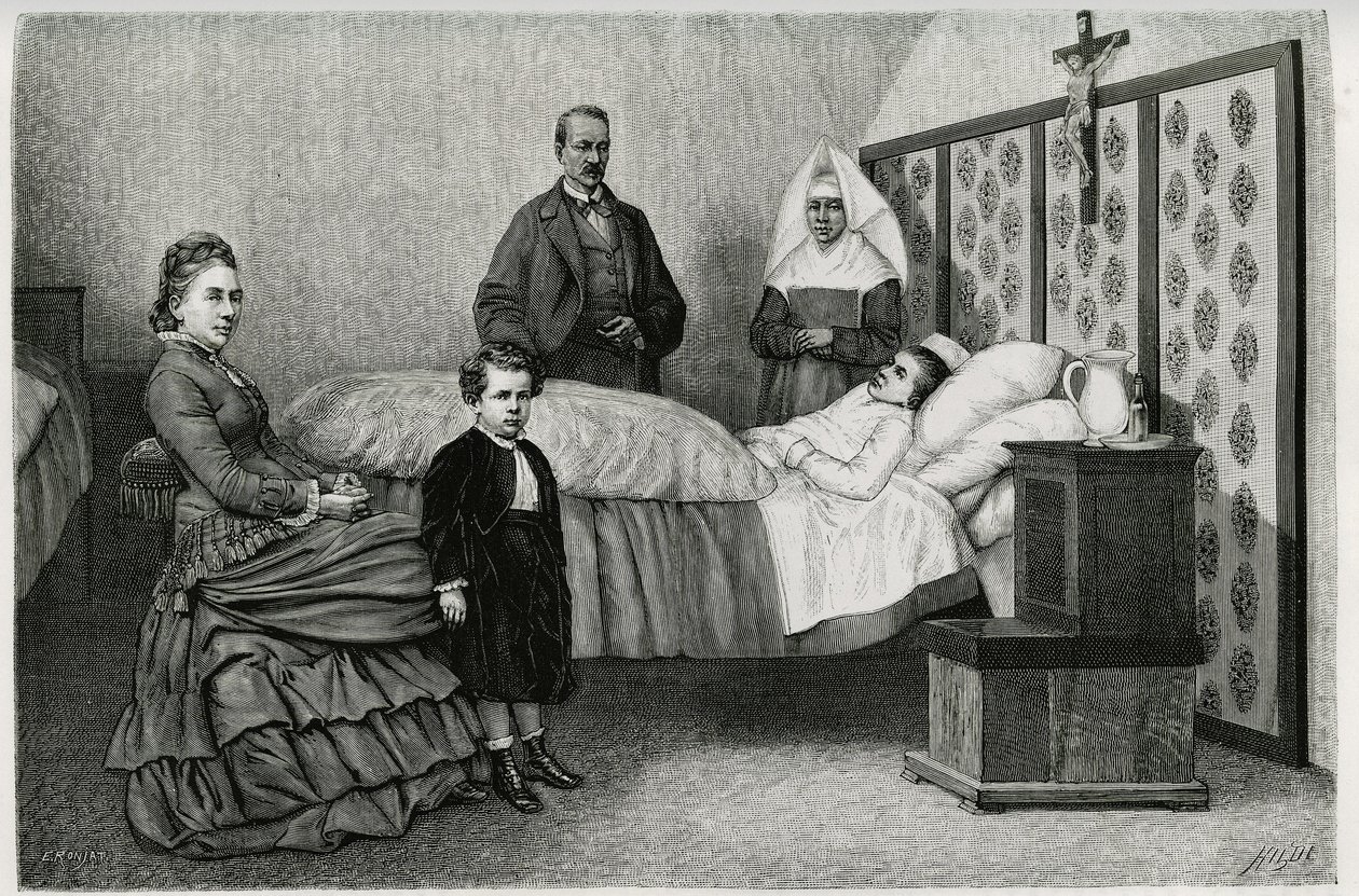 Orvosi konzultáció a logelbachi hospice-ban. E.Ronjat metszete „Elzászon és Lotaringián keresztül” című történet illusztrálására, 1884-ben, Charles Grad (1842-1890) német deputer, író és természettudós. Megjelent a Le Tour du monde, nouveau Journal d alkotó: Etienne Antoine Eugene Ronjat