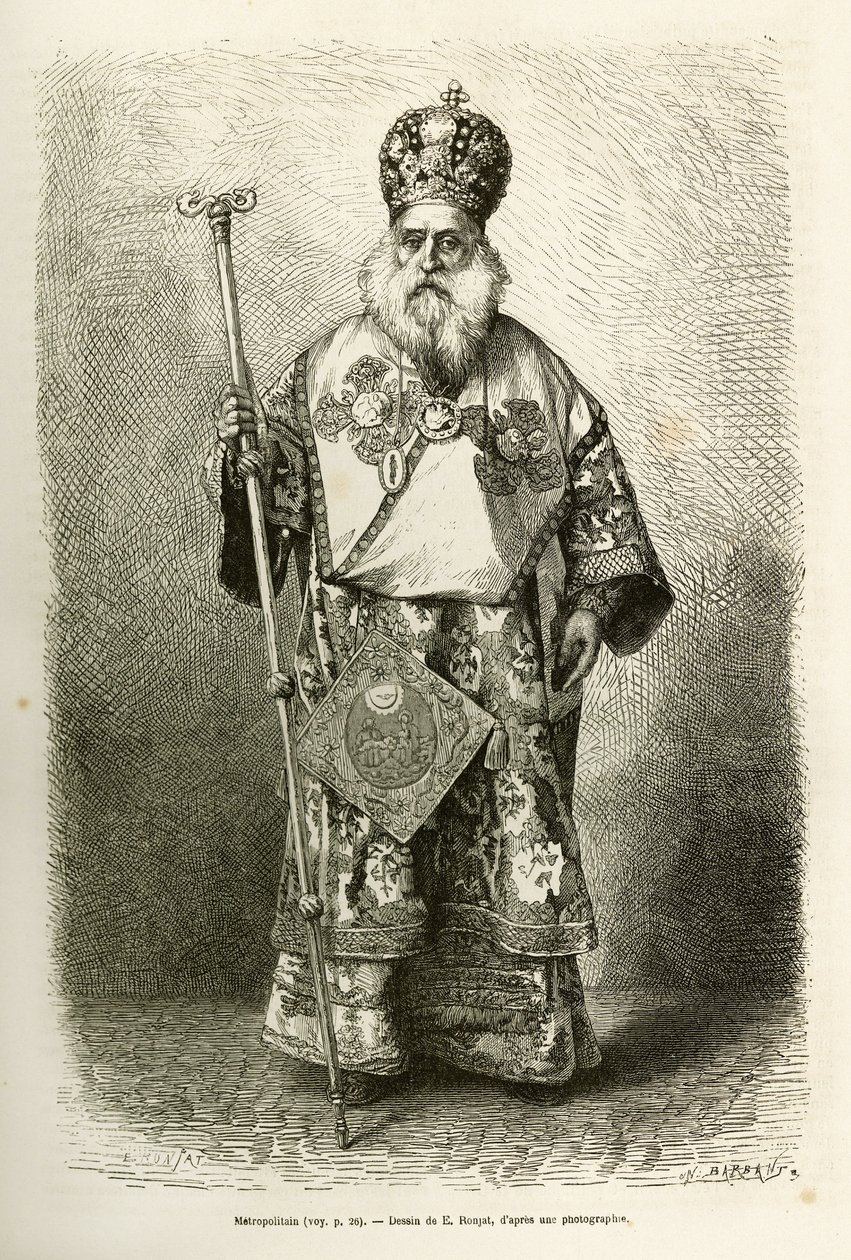 Az új athéni székesegyház nagyvárosi estéje. Metszet E.Ronjat rajza után, a görögországi utazás szemléltetésére, Henri Belle, 1861-1868-1874, megjelent a "" Le tour du monde""" 1876-ban, szerkesztette Edouard Charton, Hachette kiadás, alkotó: Etienne Antoine Eugene Ronjat