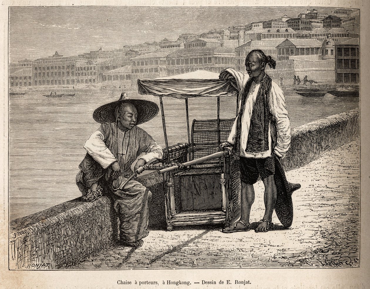 Két hordozó nyugalomban a kerekesszék mellett Hongkongban, E. Ronjat rajza után, amely a kínai utazást illusztrálja, J. Thompson 1870-1872-ben, megjelent a "" Le tour du monde"" 1875-ben, szerkesztette: Edouard Charton, Hachette kiadás, Párizs. S alkotó: Etienne Antoine Eugene Ronjat