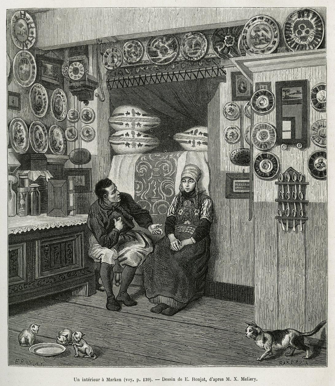 Un interieur à Marken (Pays Bas), metszet E.Ronjat rajza alapján, a Neerlande történetének illusztrálására, Charles de Coster 1878-ban, megjelent a tour du monde-ban, Edouard Charton irányításával. alkotó: Etienne Antoine Eugene Ronjat