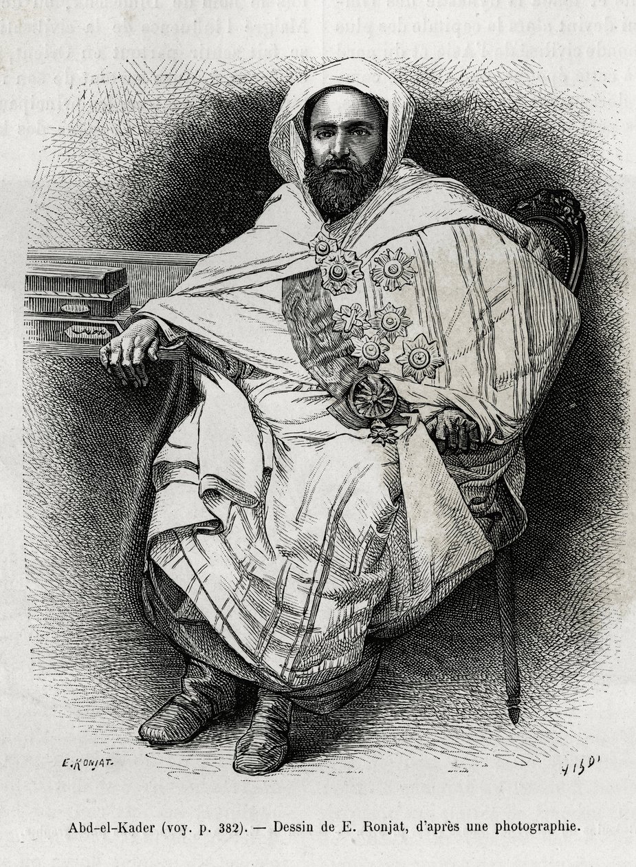 Abd El Kader (1808-1883) algériai emír és szultán, szúfi teológus, politikus és a francia gyarmati hadsereggel szembeni katonai ellenállás, író, költő és filozófus portréja. E.Ronjat metszete a La Syria d