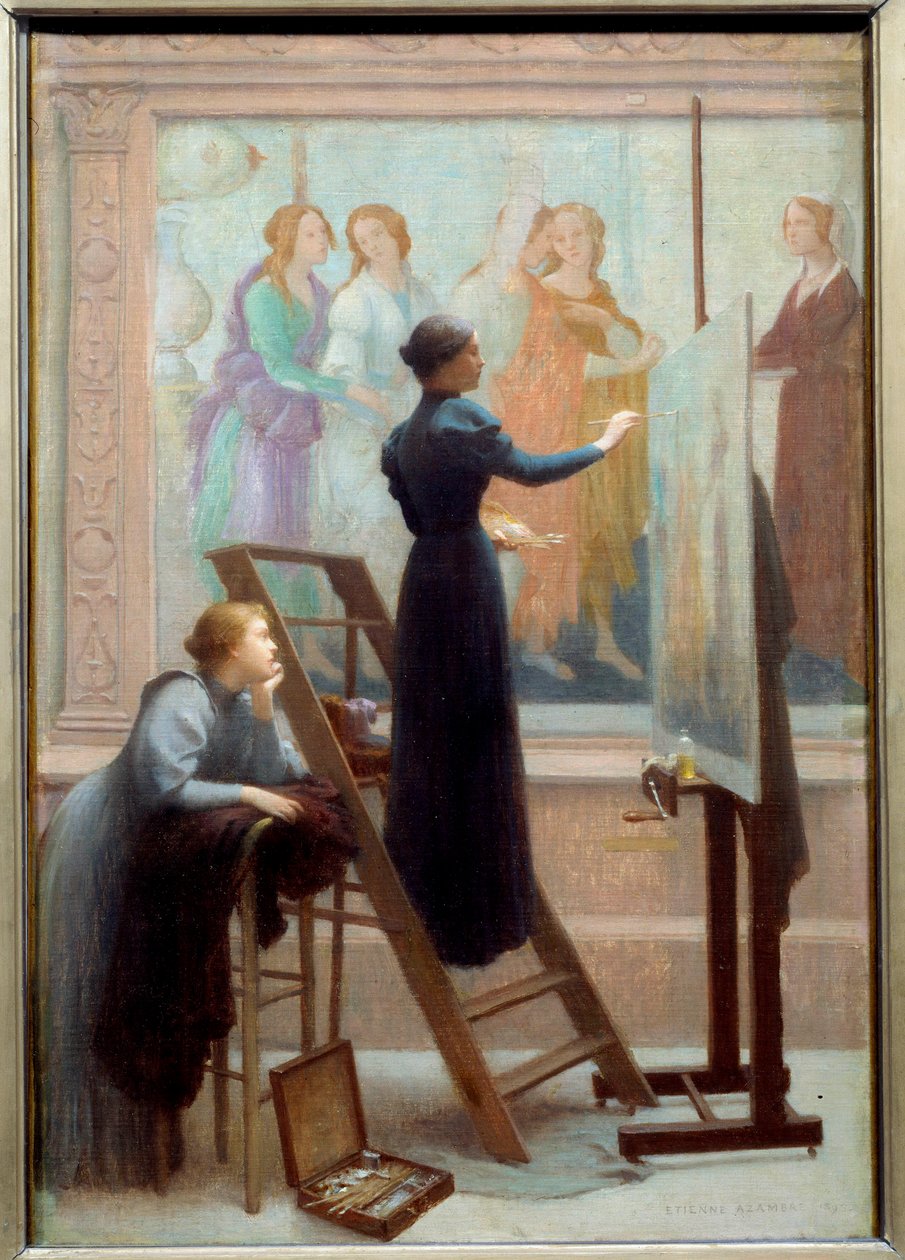 Au Louvre (két nő Botticelli freskóját másolja) Etienne Azambre festménye (1859-1933) 1894 V. 0,61x0,41 m Figyelem! Ennek a műnek a felhasználása harmadik féltől kérhető engedélyezési kérelmet vagy további díjakat vonhat maga után alkotó: Etienne Azambre
