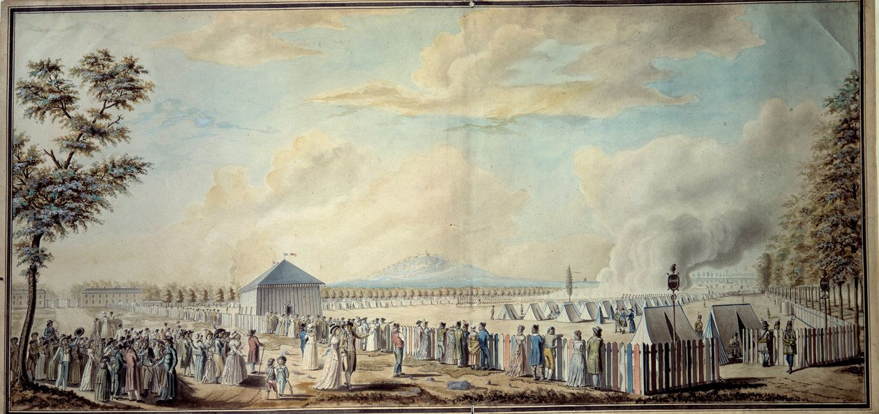 Francia forradalom: „A köztársasági hadsereg leendő vezetőinek Mars Iskola katonai tábora” Etienne Bericourt akvarellje (18. század) 1794 Párizs, B.N. alkotó: Etienne Bericourt