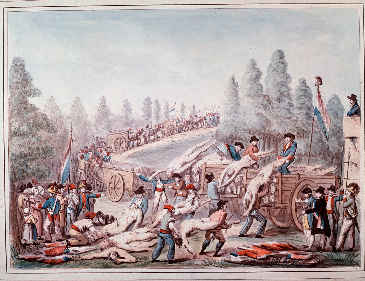 Holttestek szállítása a forradalom idején (akvarell, 1790 körül) alkotó: Etienne Bericourt