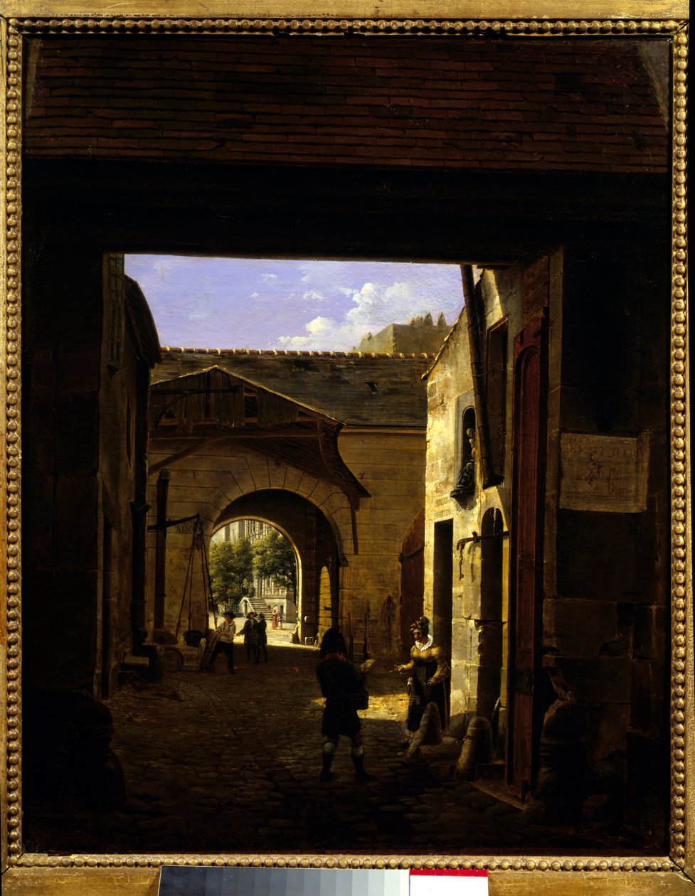 Egy autós ház udvara a rue Saint Denis utcában, amely Sainte Catherine Scene-ként ismert, Párizs 1. kerületében. Etienne Bouhot (1780-1862) festménye 1832 V. 0,27x0,22 m Párizs, Musee Carnavalet. alkotó: Etienne Bouhot