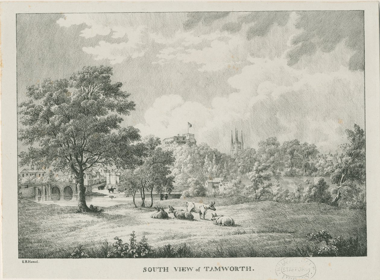 Tamworth – Távoli kilátás délről: litografált, nd [1796-1865] alkotó: Etienne Bruno Hamel