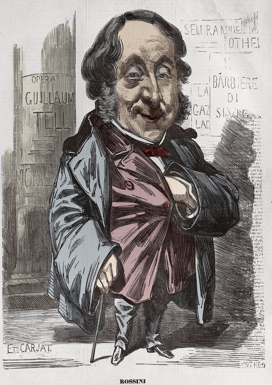 Gioachino (Gioacchino) Rossini (1792-1868) portréja, Etienne Carjat karikatúrája - Etienne Carjat (1928-1906), Rossini portréja Diogene számára, Nadar után, 1856. december 21. digitális színezés alkotó: Etienne Carjat