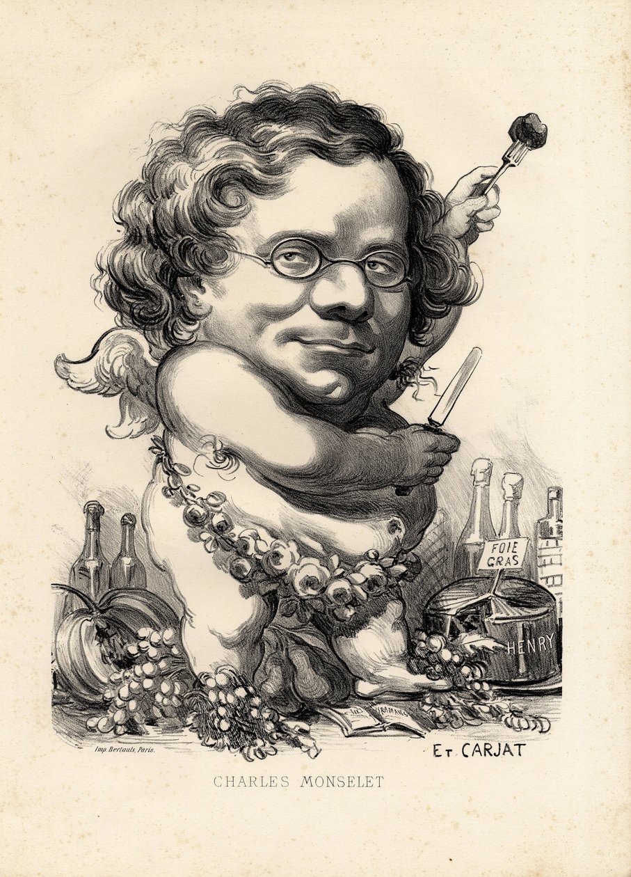 repülő levél - Illusztráció: Etienne Carjat (1826-1906): Obeite, Foie gras - Monselet Charles (1825-1888) alkotó: Etienne Carjat