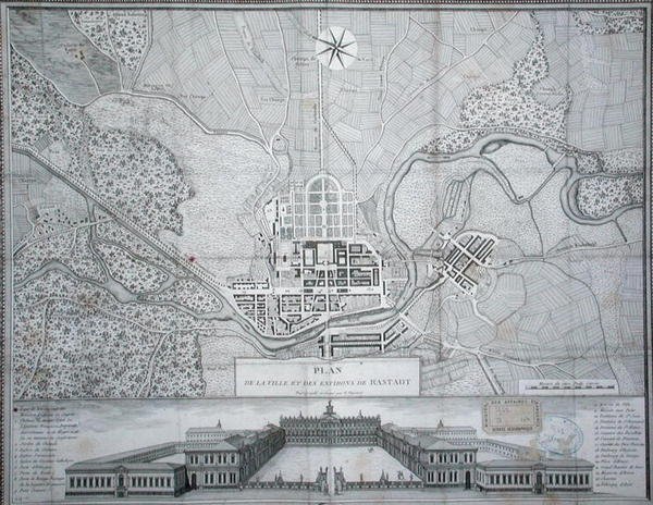 Rastadt város térképe, környéke és a Schloss (metszet) alkotó: Etienne Claude Voysard