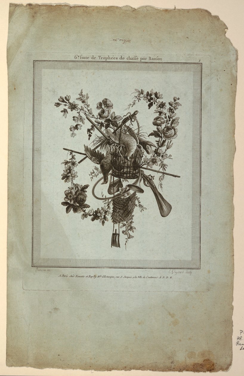 Trófea a vadászat eszközeivel, 1. tábla a "Suite de Trophées de chasse"-ből, VI. alkotó: Etienne Claude Voysard