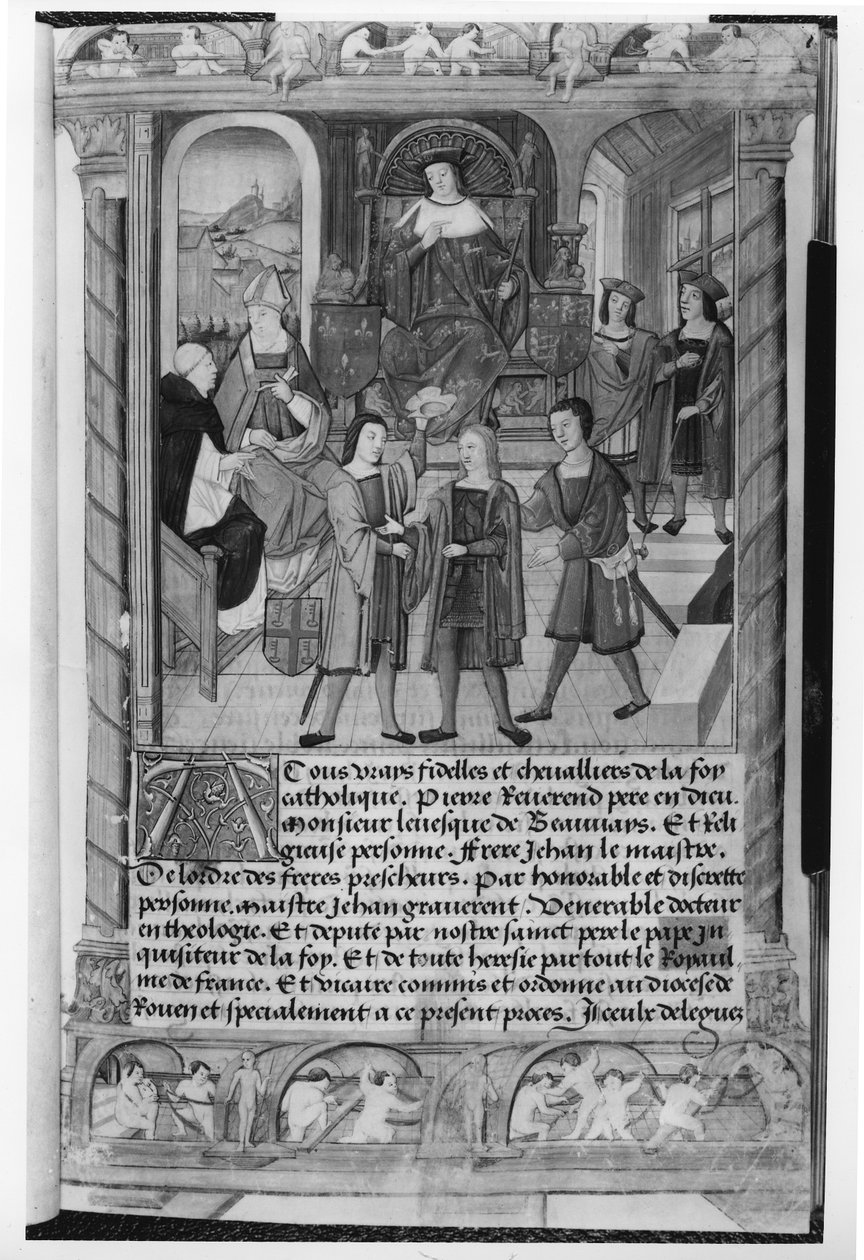 VI. Henrik (1421-71) és Pierre Cauchon (1371-1442), Beauvais és Lisieux püspöke, Diane de Poitiers kéziratából (színes kép) alkotó: Etienne Collant