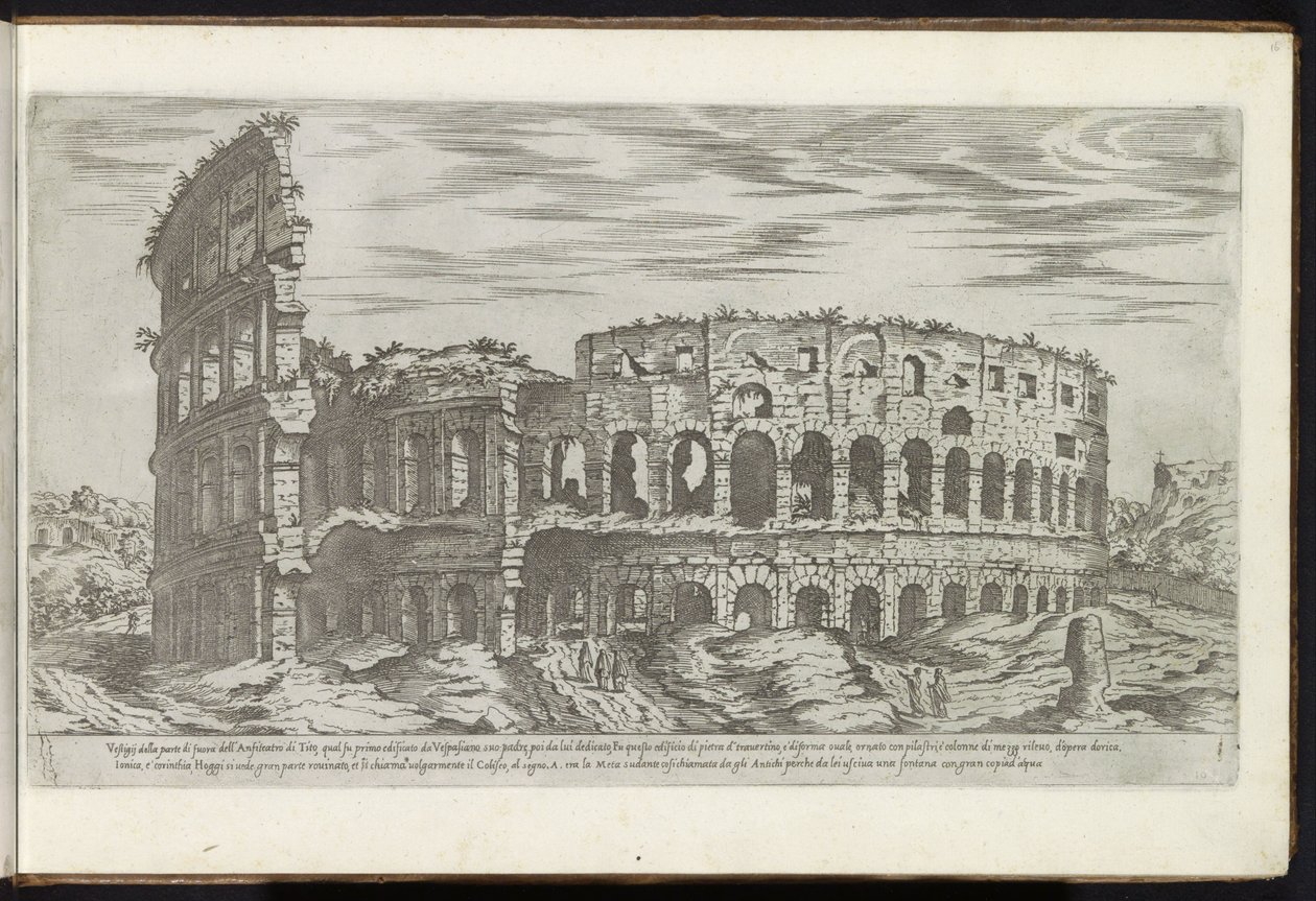 Colosseum Rómában Bouwwerken uit de oudheid (sorozat címe) Az ókor római kori maradványait Stefano Du Perac Parisino gyűjtötte össze és ábrázolta perspektívában (a sorozat címe a tárgyon) alkotó: Etienne Duperac