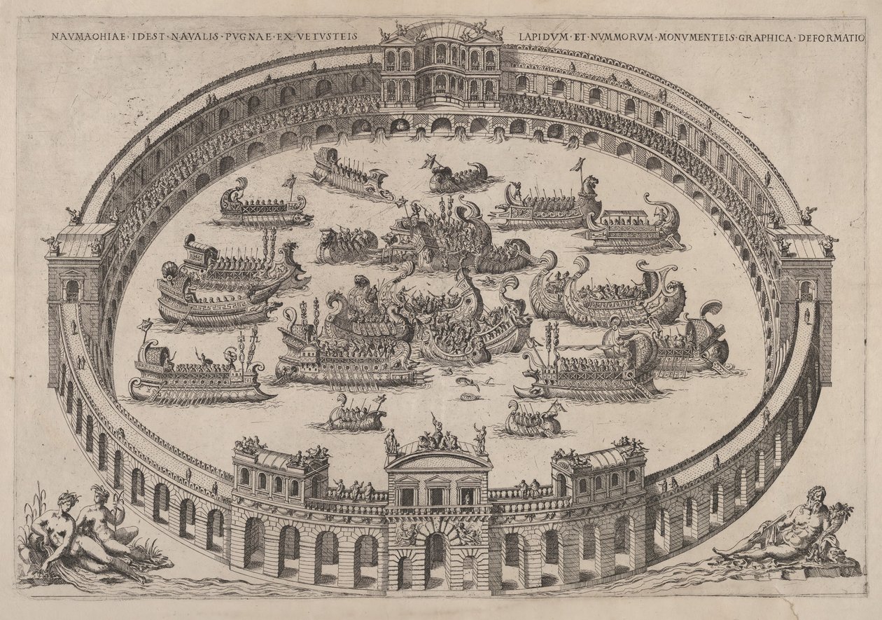 Tengerészeti harc egy római arénában, a Tiberis folyóval és a nimfákkal a bal alsó sarokban..., 1577-85. alkotó: Etienne Duperac