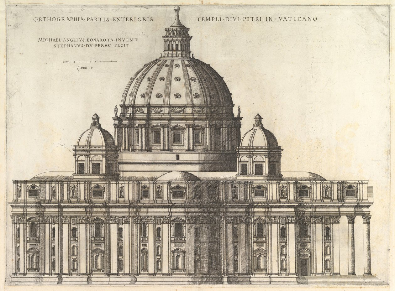 The Roman Mirror of Magnificence: Elevation Showing the Exterior of Saint Peters Basili..., 1558-61. alkotó: Etienne Duperac