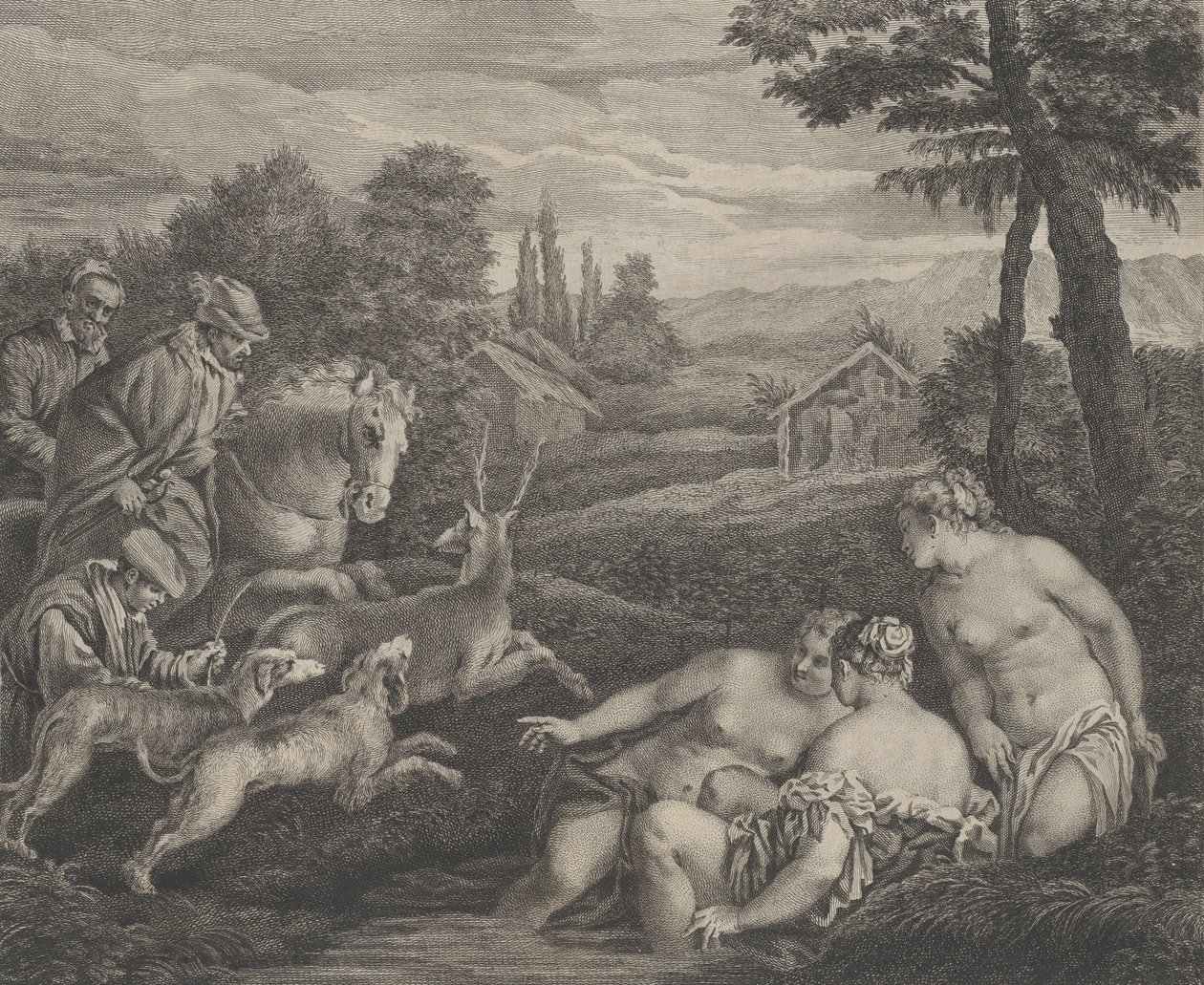 Diana és Acteon szarvasbikává változtak, kb. 1742. alkotó: Etienne Fessard
