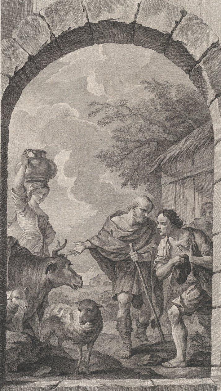 A párizsi Találatok kápolnája: Pásztorcsoport egy házikó előtt, 1757. alkotó: Etienne Fessard