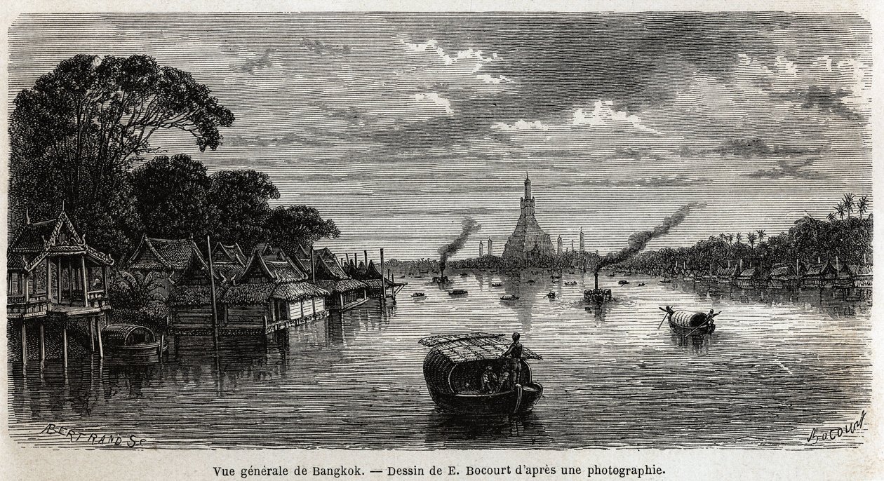 Bangkok (Thaiföld) általános képe, E.Bocour rajza Henri Mouhot 1858-tól 1861-ig tartó sziámi, kambodzsai és laoszi utazásának szemléltetésére. Metszet a „” Le tour du monde”-ban, szerkesztette Edouard Charton alkotó: Etienne Gabriel Bocourt