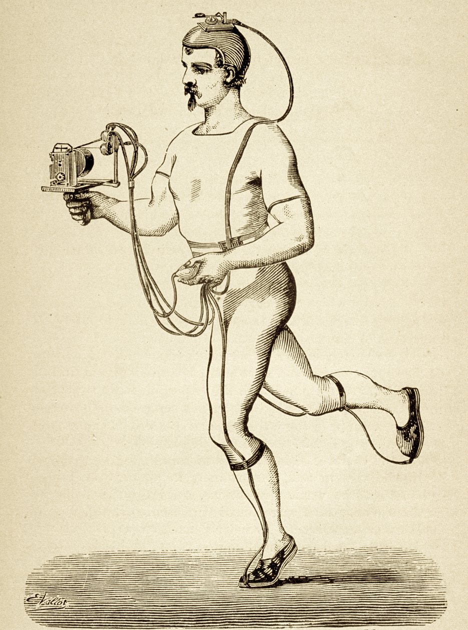 A futót a különböző tempóinak regisztrálására szolgáló készülékkel látták el a Popular Science Monthly 1875-ös publikációjából. alkotó: Etienne Jules Marey
