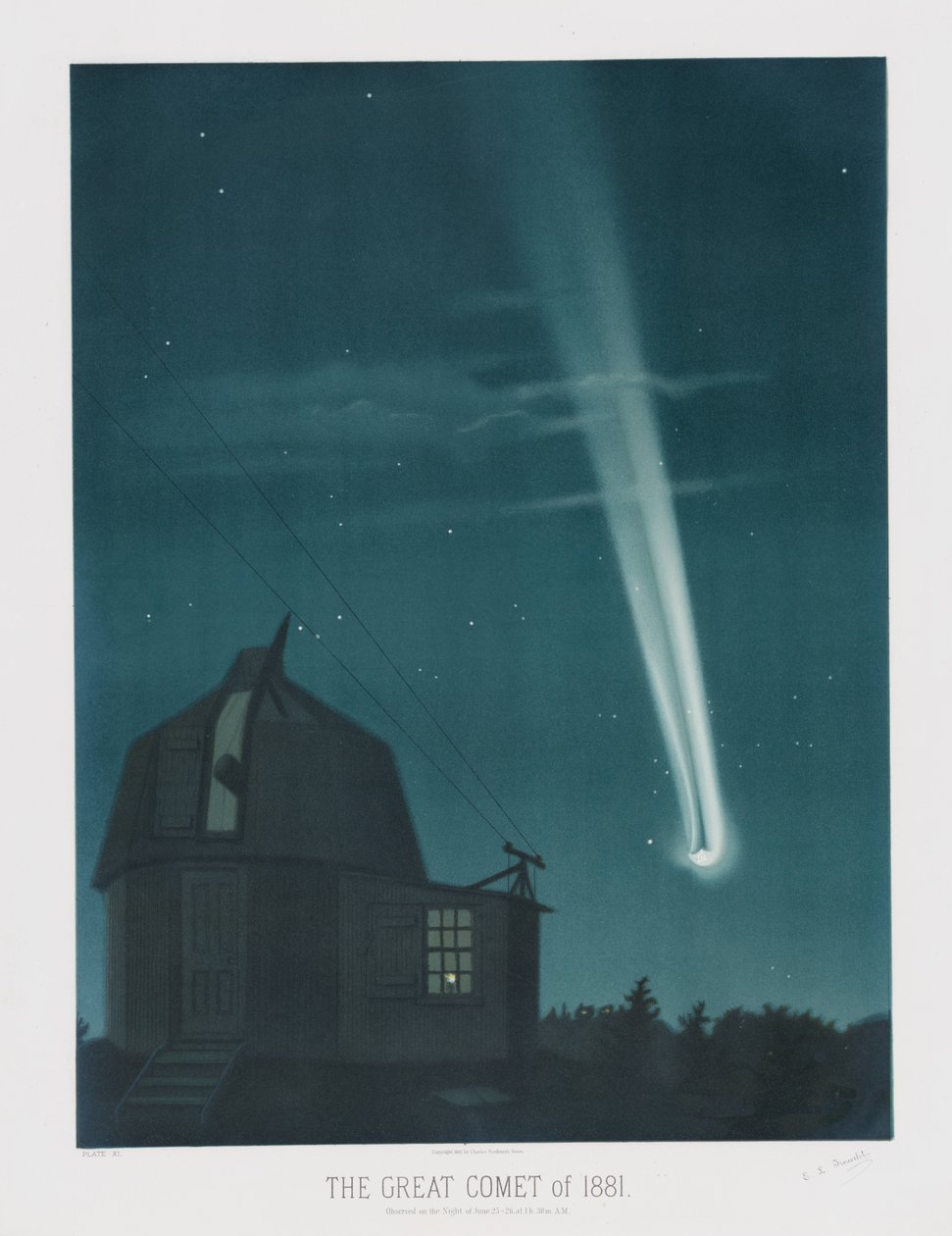 Az 1881-es nagy üstökös, amelyet június 25-ről 26-ra virradó éjjel figyeltek meg, 1 óra 30 perckor, a The Trouvelot Astronomical Drawings 1881-ből, pub. 1881 (színes litográfia) alkotó: Étienne Léopold Trouvelot