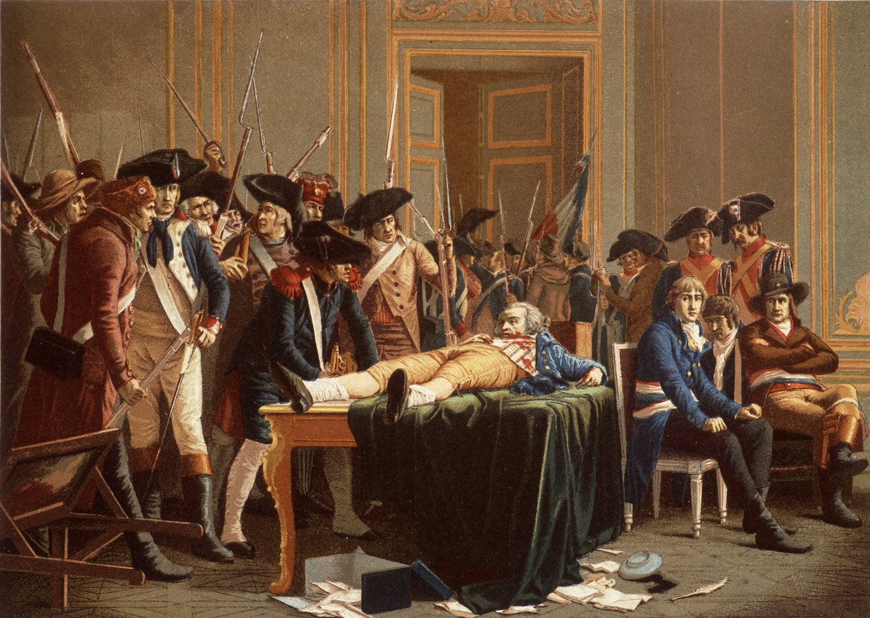 A 10. Thermidor II. év reggele; Maximilien de Robespierre, törött állkapocs, szétterítve az asztalon (chromolitho) alkotó: Etienne Lucien (after) Melingue
