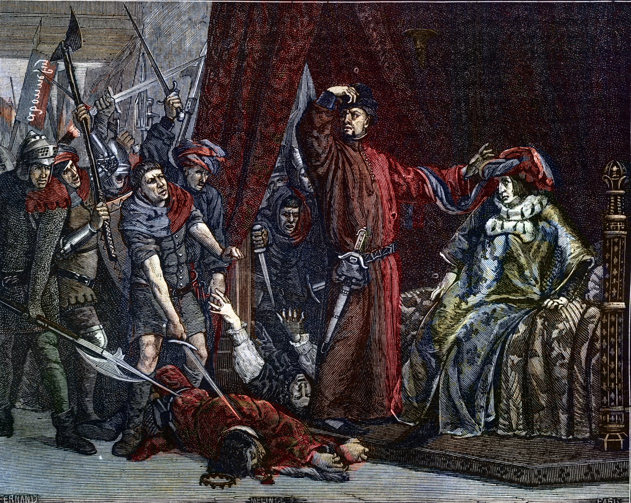 Száz éves háború: „” Károly delfin (akkor V. Károly) (1338-1380) (Franciaország első delfinje) és Etienne Marcel (1302/1310-1358), aki meggyilkolt két minisztert (marechaux), Robert de Clermont és Jean de Conflans a szobában a francia delfin at alkotó: Etienne Lucien Melingue