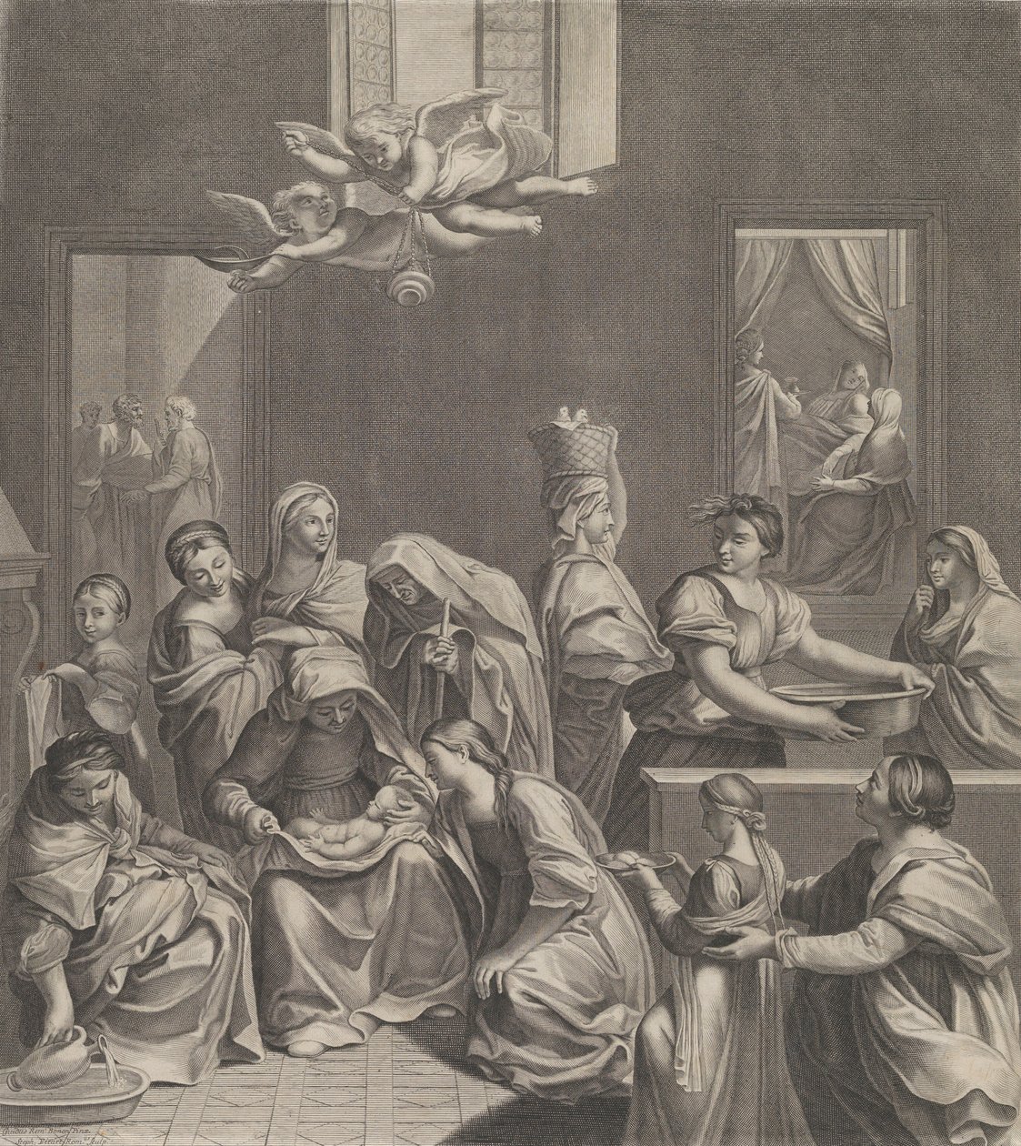 A Szűzanya születése, nő ül csecsemővel az ölében, sok nő körül..., 1677. alkotó: Etienne Picart