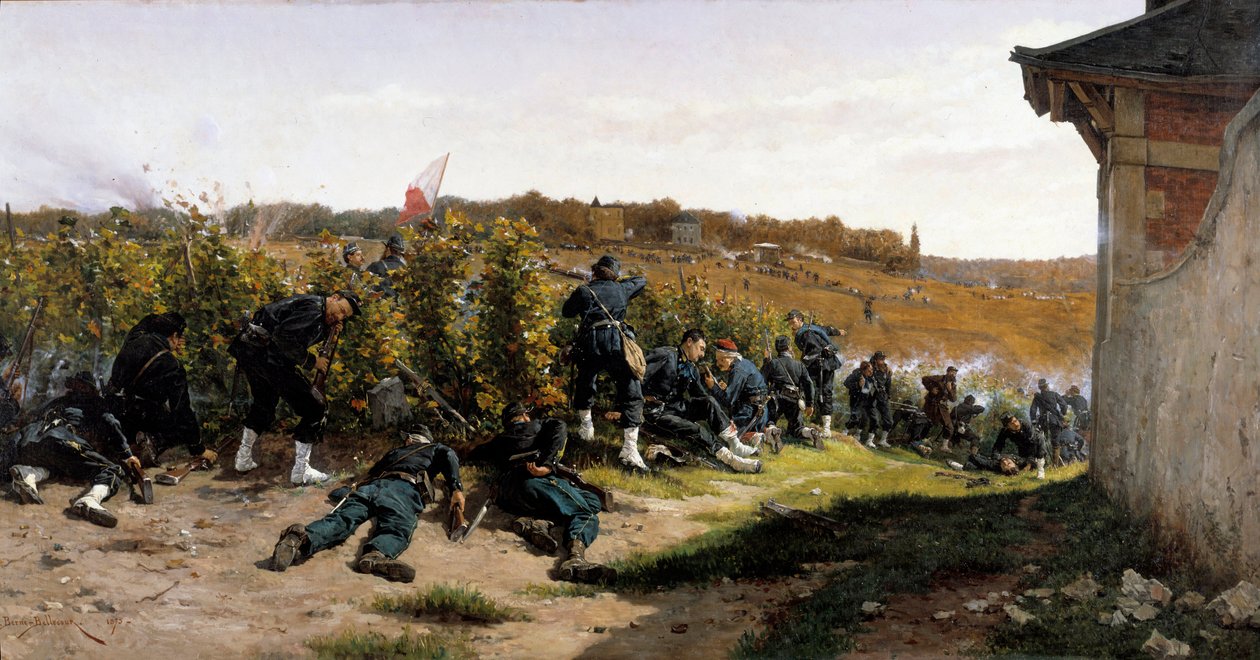 1870-es háború: "" Tirailleurs de la Seine au Combat de Rueil Malmaison 1870. október 21-én""" összecsapás Párizs védelme alatt. Etienne Berne Bellecour (1838-1910) festménye 1875 V. 1,03x2,03 m alkotó: Etienne Prosper Berne Bellecour