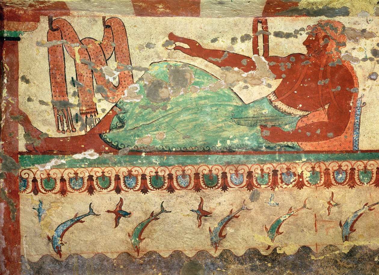 Egy temetési bankett vendége tojást tartva a kezében, az Oroszlánsírból, Kr.e. 520 körül (falfestés) alkotó: Etruscan