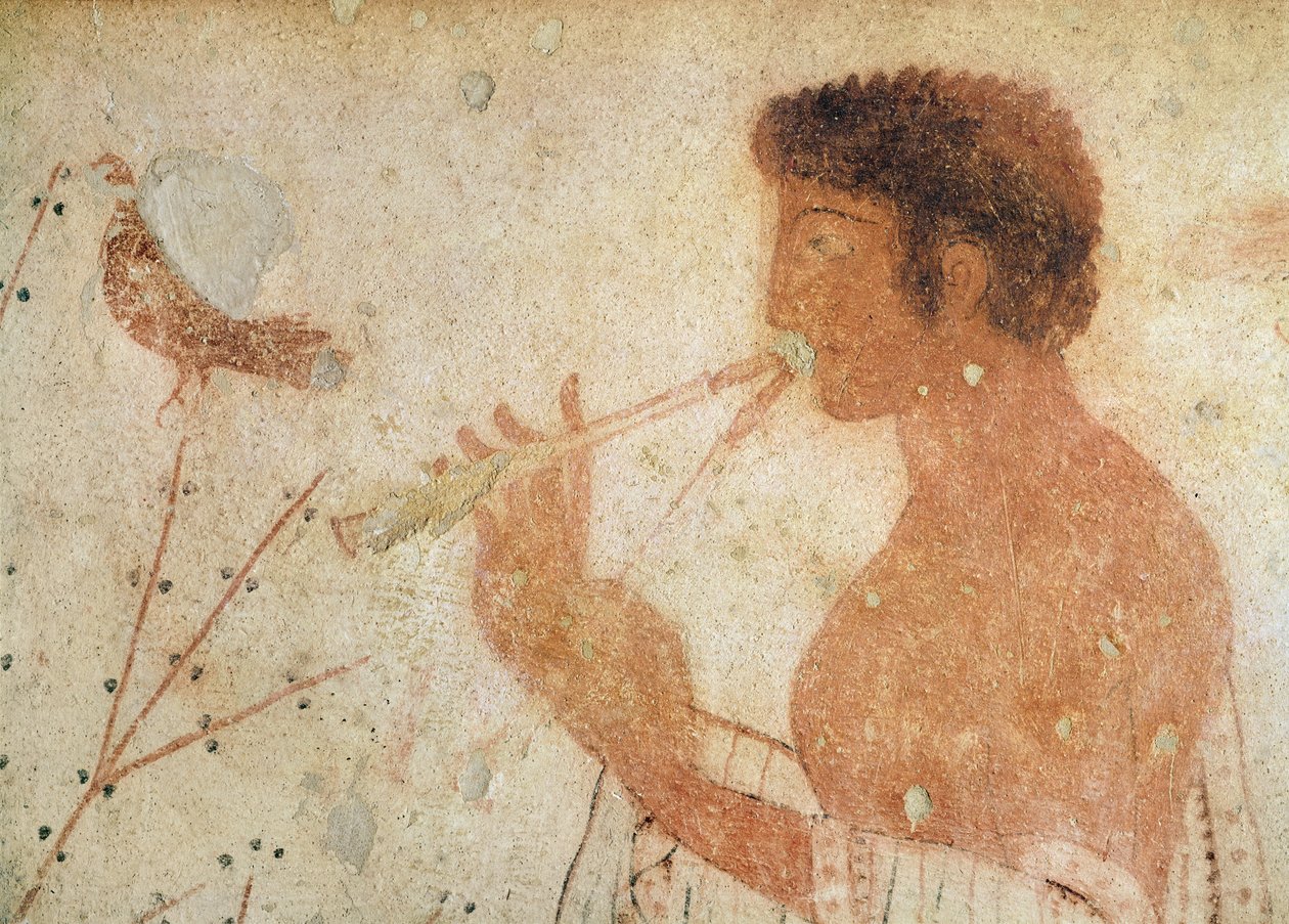 Duplafuvolán játszó zenész részlete, a triklinium sírjából, ie 470 körül (falfestmény) alkotó: Etruscan