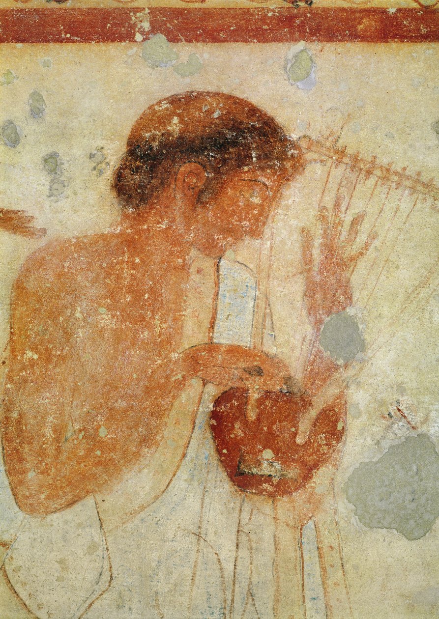 Részlet a citrán vagy lírán játszó zenészről, a Triklinium sírjából, Kr.e. 470 körüli falfestmény, lásd még 407461 alkotó: Etruscan