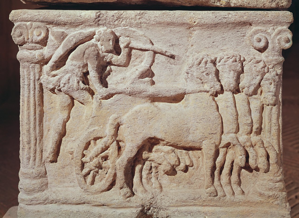 Egy szarkofágból származó quadriga részlete, Ember borjúval terrakotta alkotó: Etruscan