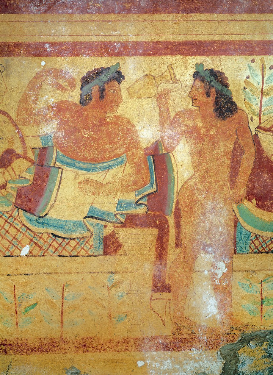 A halotti lakoma részlete, a Leopárdok sírjából, Kr.e. 490 körüli falfestmény alkotó: Etruscan