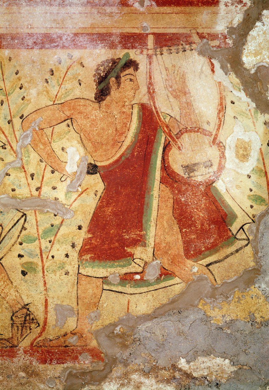 Citerán játszó zenész, a Leopárdok sírjából, Kr.e. 490 körül (falfestmény) alkotó: Etruscan