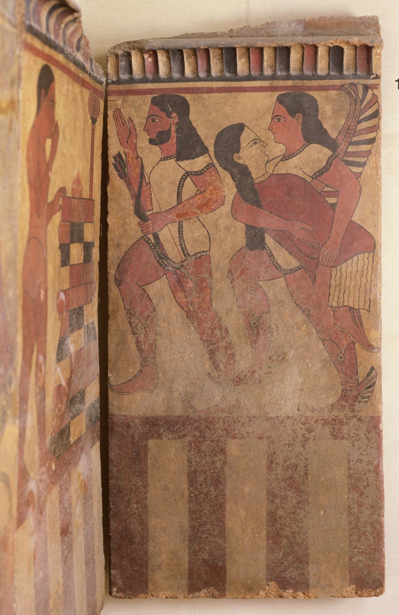 A Campana emléktábla, Egy szárnyas dzsinn elhurcol egy nőt egy íjász kíséretében, Kr.e. 550-525 (falfestmény) (részlet) alkotó: Etruscan