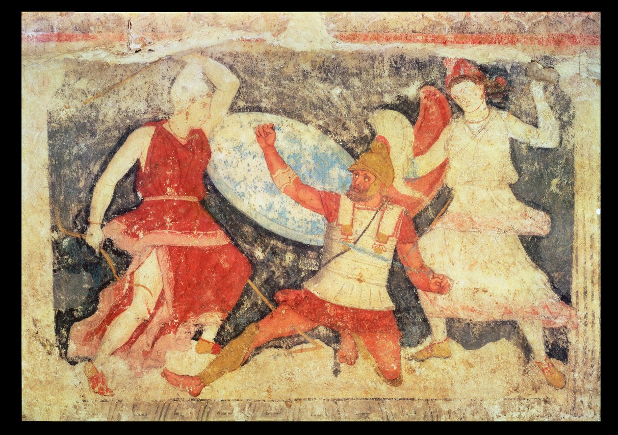 Két amazon harcban egy göröggel, Tarquiniából, ie 370-360 (falfestmény) alkotó: Etruscan