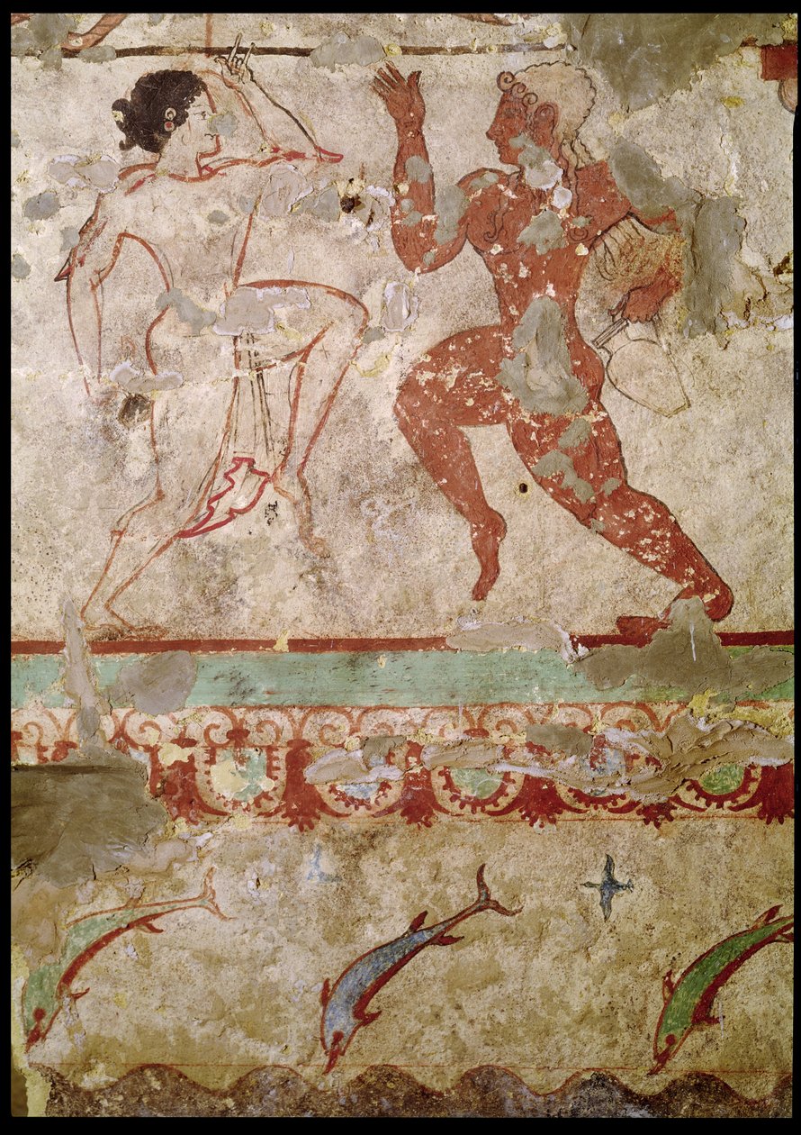 Két táncos és delfin ugrál át a hullámokon, fríz az Oroszlánok sírjából a nekropoliszban, Kr.e. 520 körül (falfestmény) alkotó: Etruscan