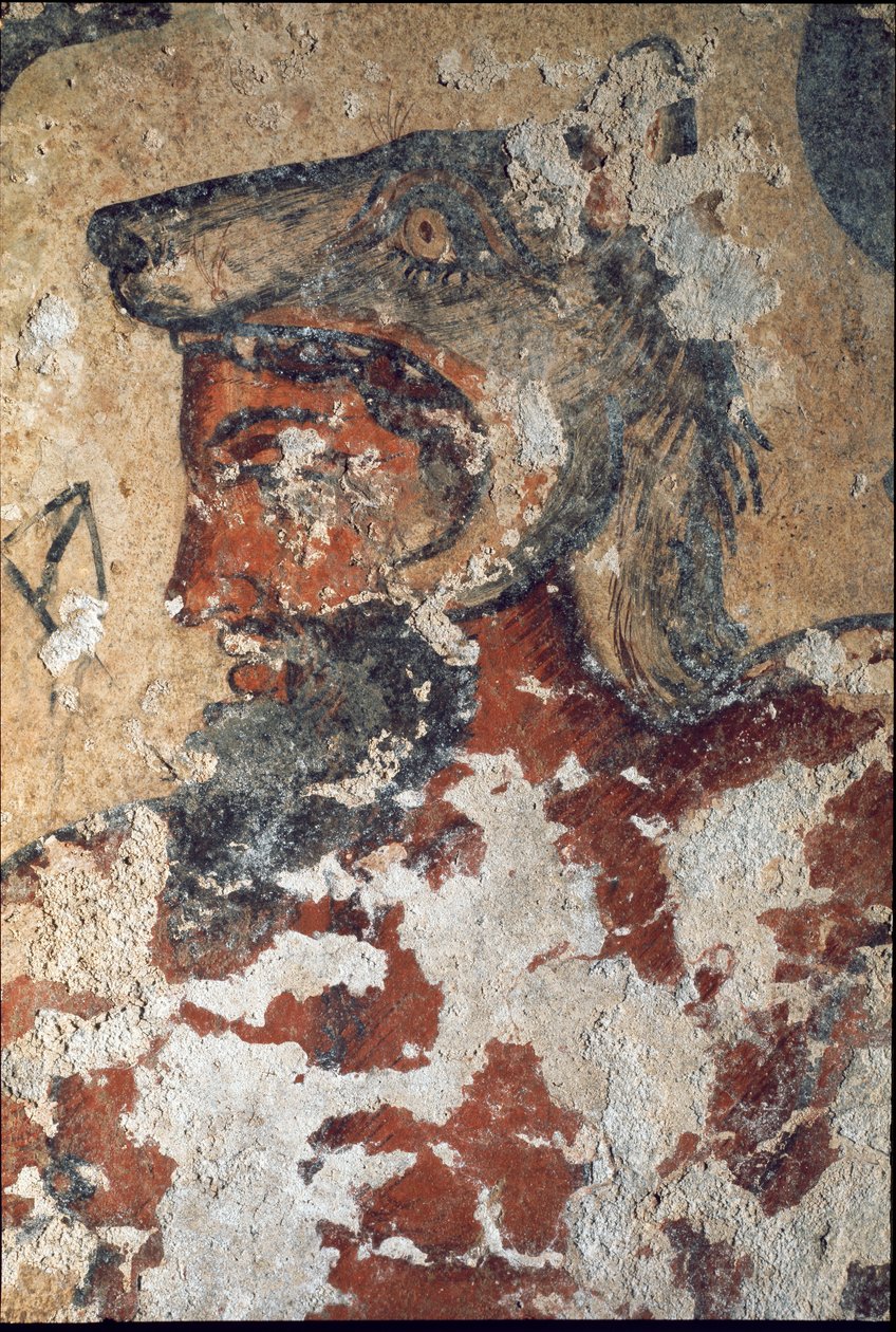 Aita (Eiza), a túlvilág etruszk istene, farkassapkát visel (a freskó részlete, Kr.e. 4.) alkotó: Etruscan