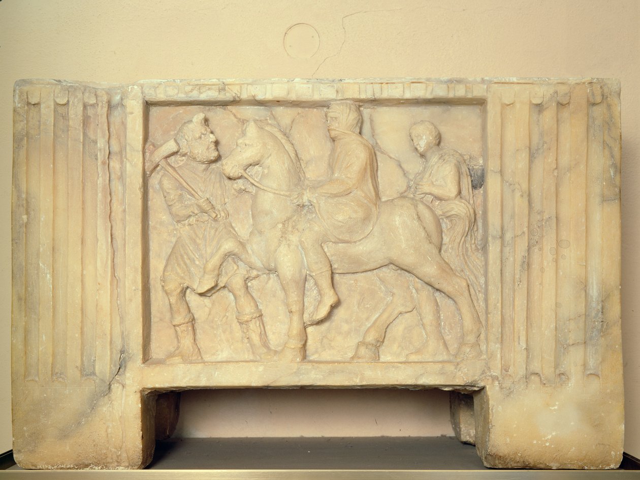 Alabástrom urna az alvilágba lovagolt elhunyttal, Kr.e. 9.–1. század (alabástrom) alkotó: Etruscan
