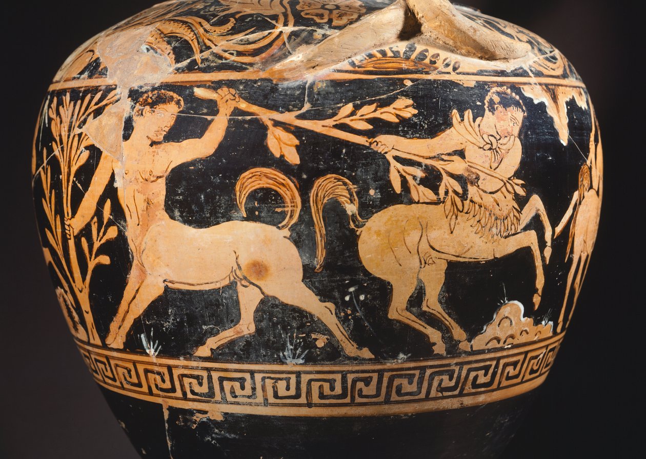 A Centauromachy festőjének amforája, részlet a kentaurok harcáról. Piros alakos kerámia Poranóból (Umbria). Etruszk civilizáció, Kr. e. 4. század. alkotó: Etruscan