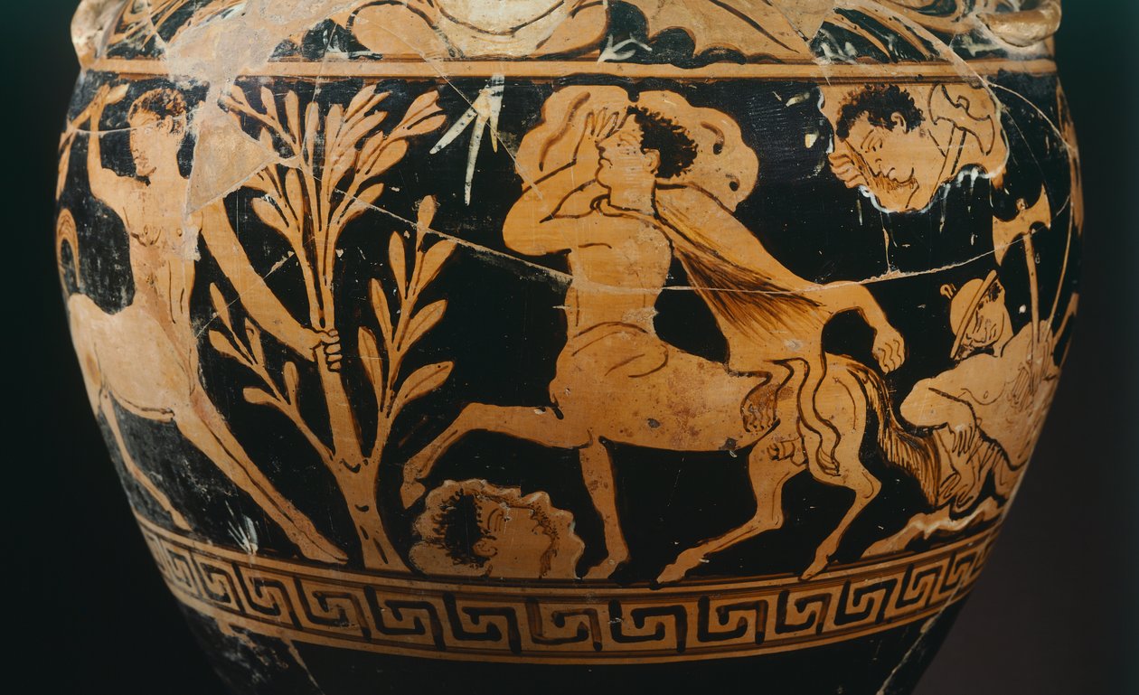 A Centauromachy festőjének amforája, egy kentaurt ábrázoló részlet. Piros alakos kerámia Poranóból (Umbria). Etruszk civilizáció, Kr. e. 4. század. alkotó: Etruscan