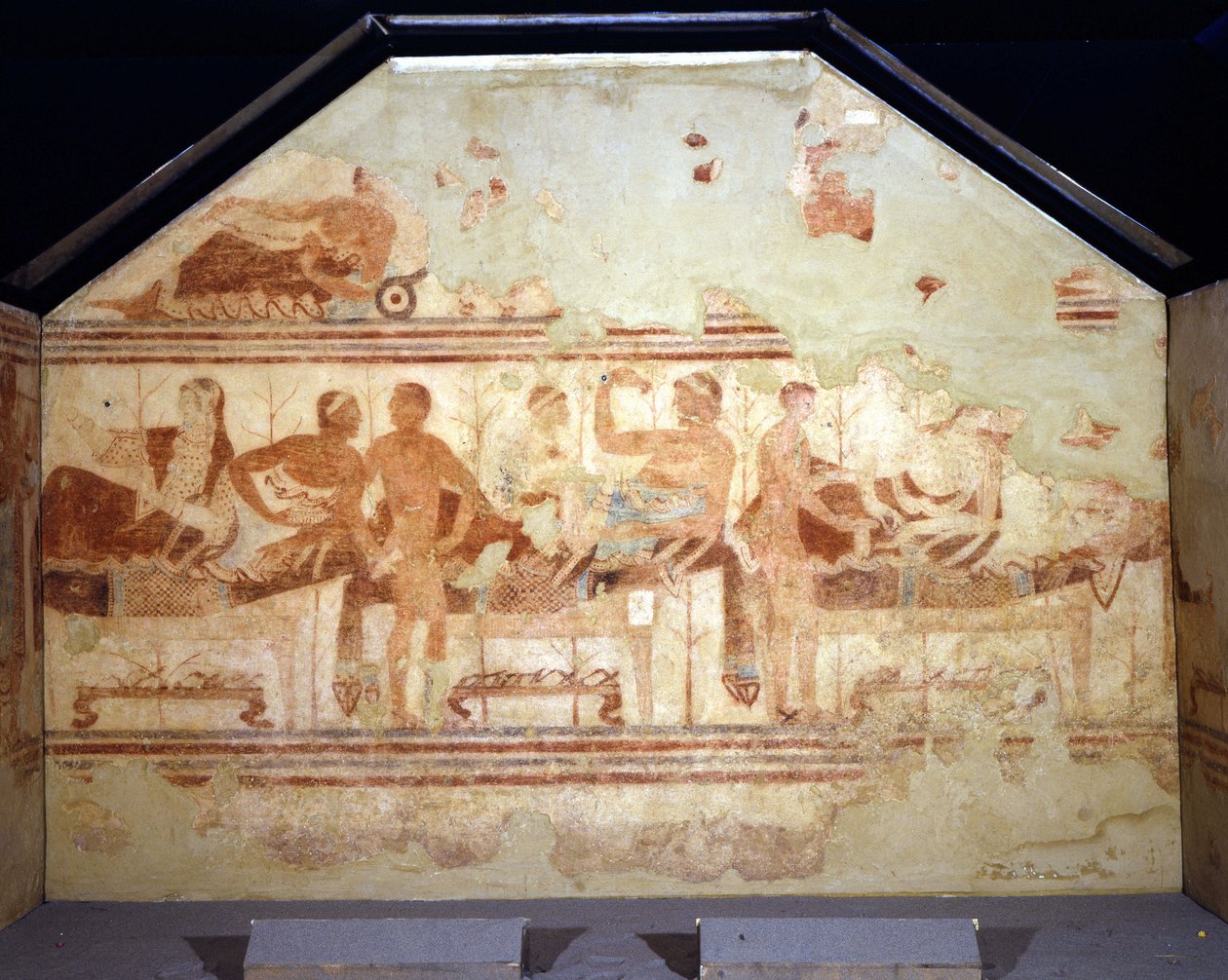 Bankett jelenet. Freskó az etruszk sír falán, az úgynevezett „csónak sírja”” (della nave). Tarquinia Kr.e. 470-400 alkotó: Etruscan