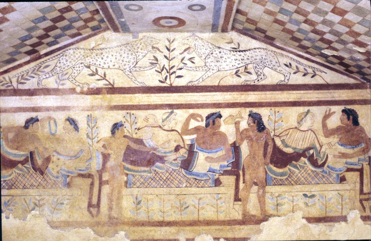 Leopárdok etruszk sírja, a Tarquinia bankettjelenetét bemutató freskó. Kr.e. 5. század, Olaszország (freskó) alkotó: Etruscan