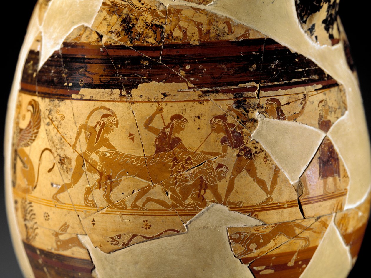 Etruszk antikvitás: agyag olpe (körte alakú kancsó trombita alakú magas gallérral), Olpe Chigi néven ismert, többszínű protokorinthoszi stílusban, amelyet Macmillan festője díszített, ie 640-630. Oroszlánvadászat jelenetét ábrázoló részlet. Veiotól. Róma,  alkotó: Etruscan