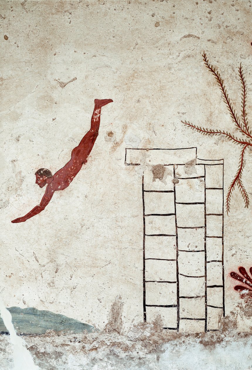 Etruszk művészet: Egy fiatal úszó búvár. A „búvár” sírjának freskója. Részlet. Paestum déli temetőjéből. Kr.e. 480-470. Museo Archeologico Nazionale, Paestum alkotó: Etruscan