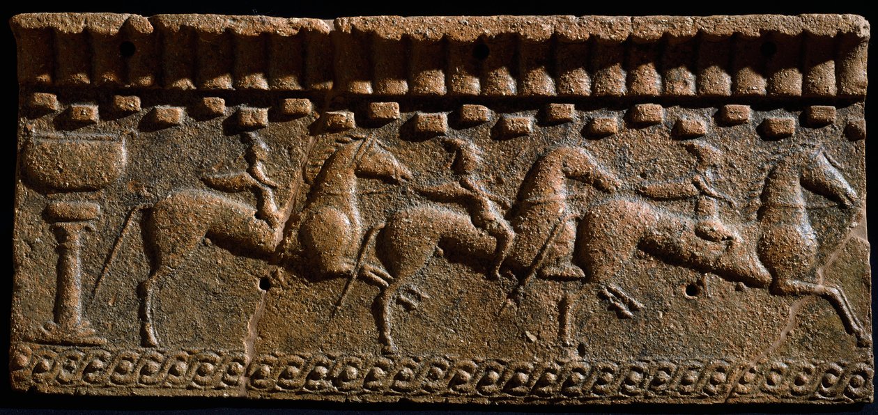 Etruszk művészet: lovagok frízdekorációja egy murlói építészeti együttesből. Kr.e. 6. század. Murlo, Antiquarium Municipal, Olaszország alkotó: Etruscan
