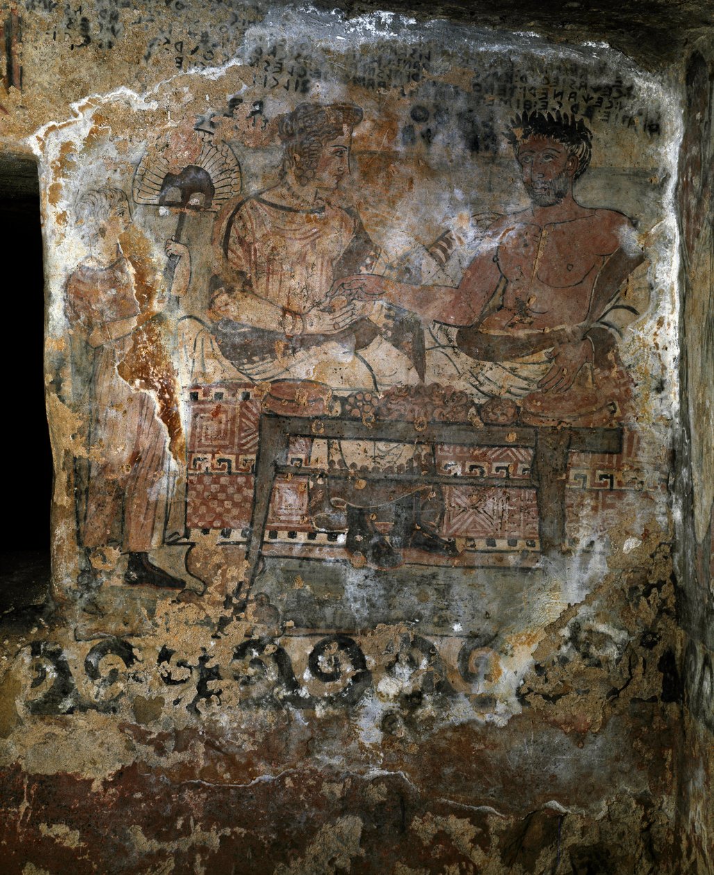 Etruszk civilizáció: Larth Velcha és felesége, Velia Seithi képviseltette magát a „Scudi” (tomba degli scudi) sírjának freskóján, ie 340-ben. Monterozzi nekropolisza, Tarquinia, Olaszország alkotó: Etruscan