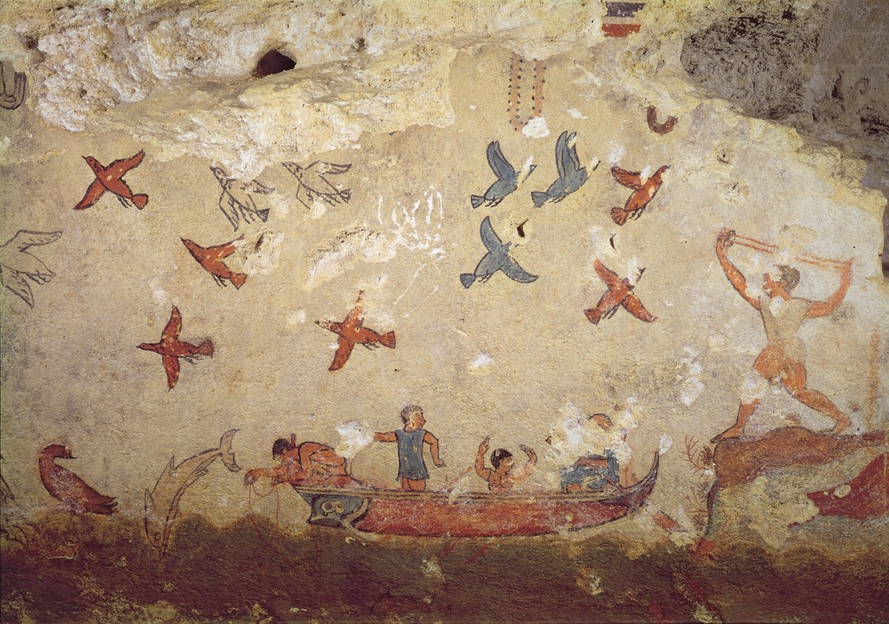 Halászok csónakban és repülő madarak, a Halászat és Vadászat sírjából, ie 520-510 körül (falfestmény) alkotó: Etruscan