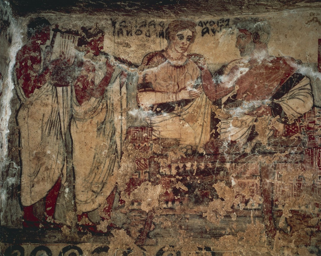 Freskó, amely Velthur Velcha temetési lakomáját ábrázolja Ravnthu Aprthnei feleségével, két zenész szórakoztatásával alkotó: Etruscan